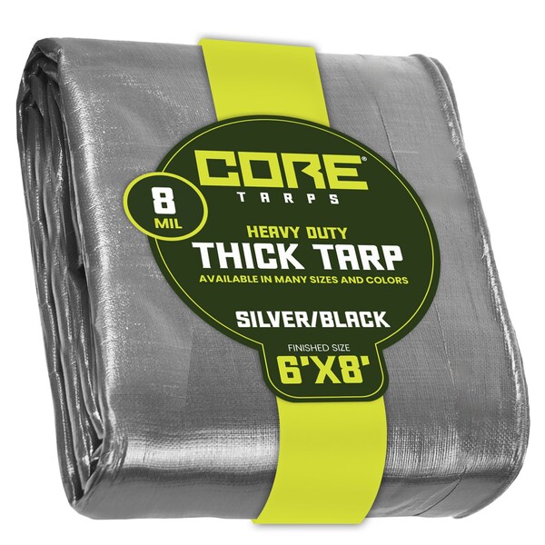 Core Tarps Heavy Duty Tarp, 8 ft L x 0.5 mm H x 6 ft W, 8 Mil, Silver/Black, Polyethylene - CT-401-6X8