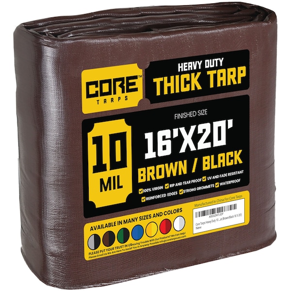 Core Tarps Heavy Duty Tarp, 20 ft L x 0.5 mm H x 16 ft W, 10 Mil, Brown/Black, Polyethylene - CT-602-16X20