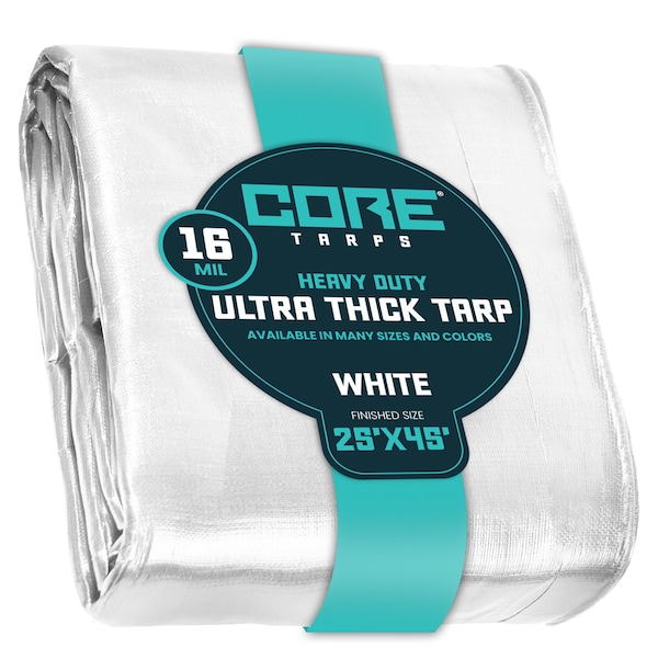Core Tarps Heavy Duty Tarp, 45 ft x 0.5 mm H x 25 ft W, 16 Mil, White, Polyethylene - CT-304-25X45