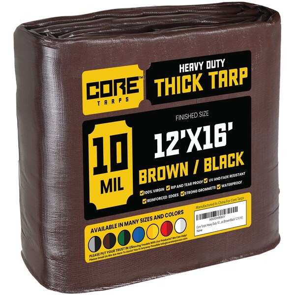 Core Tarps Heavy Duty Tarp, 16 ft L x 0.5 mm H x 12 ft W, 10 Mil, Brown/Black, Polyethylene - CT-602-12X16