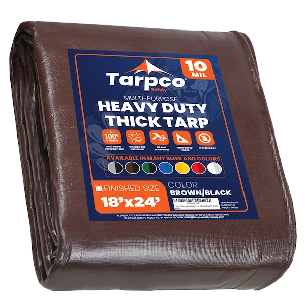 Tarpco Safety Heavy Duty Tarp, 24 ft L x 0.5 mm H x 18 ft W, 10 Mil, Brown/Black, Polyethylene - TS-152-18X24