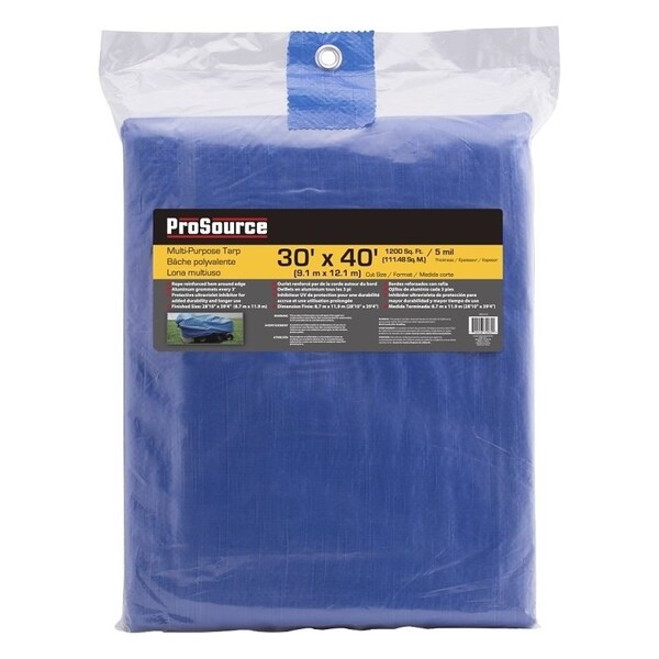 Prosource Tarpaulin, 40 ft L, 30 ft W, 5 mil Thick, Polyethylene, Blue - T3040BB90