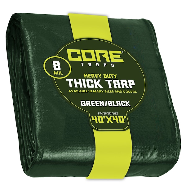 Core Tarps Heavy Duty Tarp, 40 ft L x 0.5 mm H x 40 ft W, 8 Mil, Green/Black, Polyethylene - CT-403-40X40