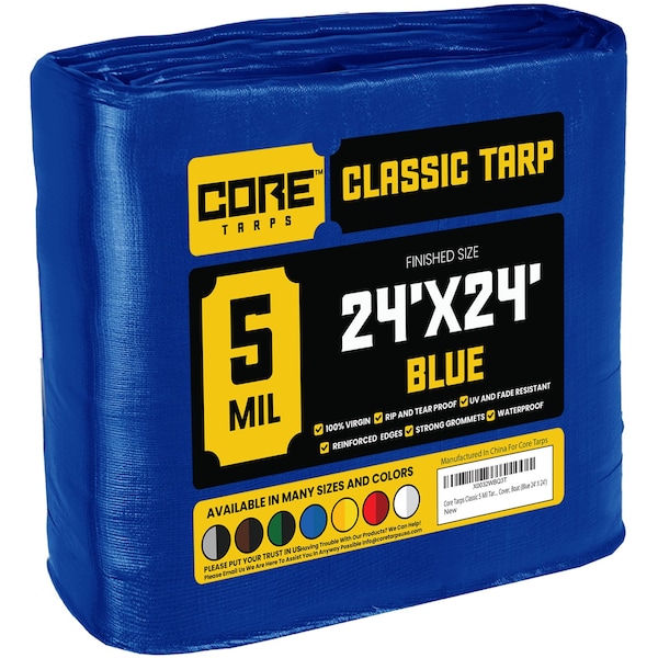 Core Tarps Heavy Duty Tarp, 24 ft L x 0.5 mm H x 24 ft W, 5 Mil, Blue, Polyethylene - CT-505-24X24