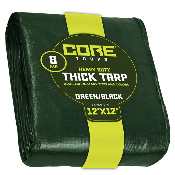Core Tarps Heavy Duty Tarp, 12 ft L x 0.5 mm H x 12 ft W, 8 Mil, Green/Black, Polyethylene - CT-403-12X12