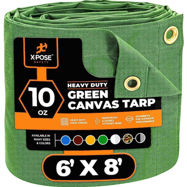 Xpose Safety Tarp, 6 ft x 8 ft, 10 oz, Green, Canvas - CTG10-68-X