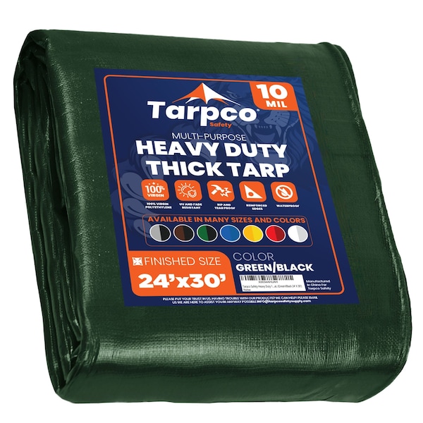 Tarpco Safety Heavy Duty Tarp, 30 ft x 0.5 mm H x 24 ft W, 10 Mil, Green/Black, Polyethylene - TS-153-24X30
