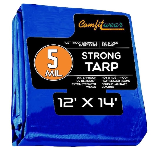 Comfitwear 5 MIL Standard Strong Multi-Purpose Tarp Cover Rust Proof Waterproof Reinforced Edges, Blue - MT-1214