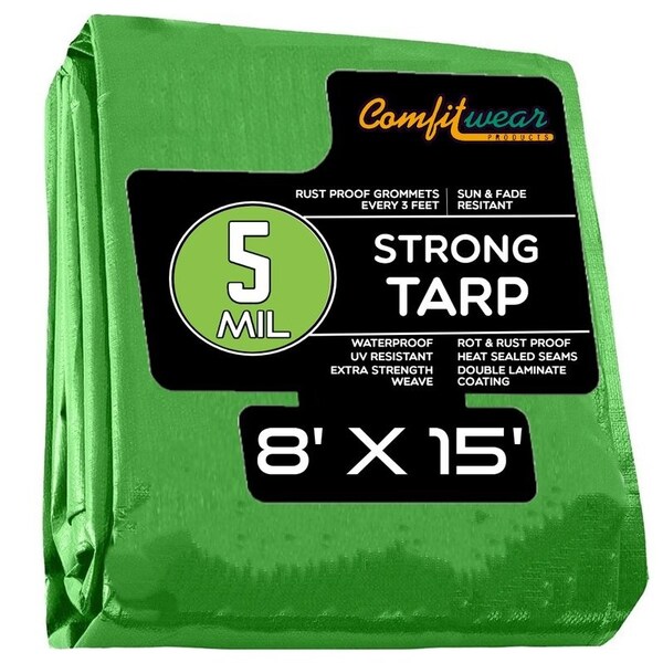 Comfitwear 5 MIL Standard Strong Multi-Purpose Tarp Cover Rust Proof Waterproof Reinforced Edges, Green, 16PK - MTG-815-BULK-16
