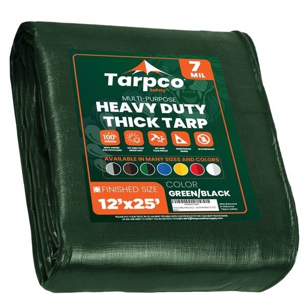 Tarpco Safety Heavy Duty Tarp, 25 ft L x 0.5 mm H x 12 ft W, 7 Mil, Green/Black, Polyethylene - TS-203-12X25