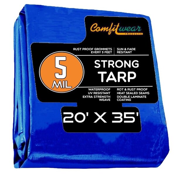 Comfitwear 5 MIL Standard Strong Multi-Purpose Tarp Cover Rust Proof Waterproof Reinforced Edges, Blue - MT-2035