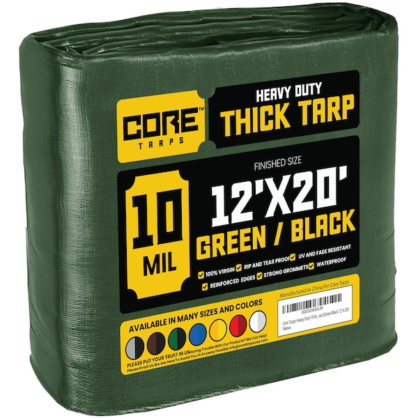 Core Tarps Heavy Duty Tarp, 20 ft L x 0.5 mm H x 12 ft W, 10 Mil, Green/Black, Polyethylene - CT-603-12X20
