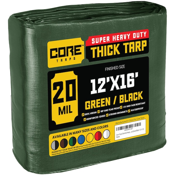 Core Tarps Heavy Duty Tarp, 16 ft L x 0.5 mm H x 12 ft W, 20 Mil, Green/Black, Polyethylene - CT-703-12X16