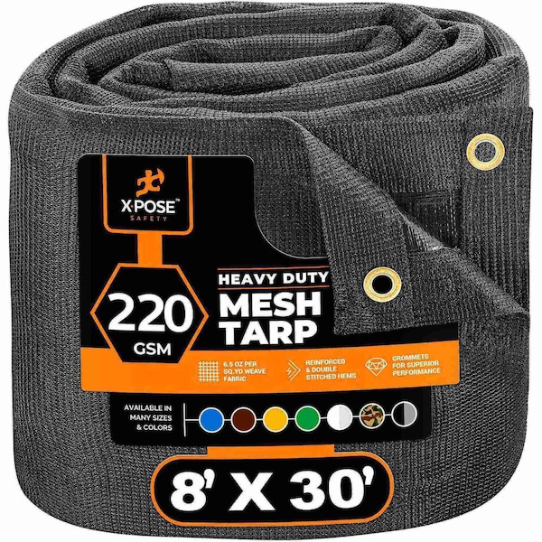 Xpose Safety Heavy Duty Mesh Tarp - 8ft x 30ft Black Protective Cover with Air Flow - Waterproof - BMT-830-X