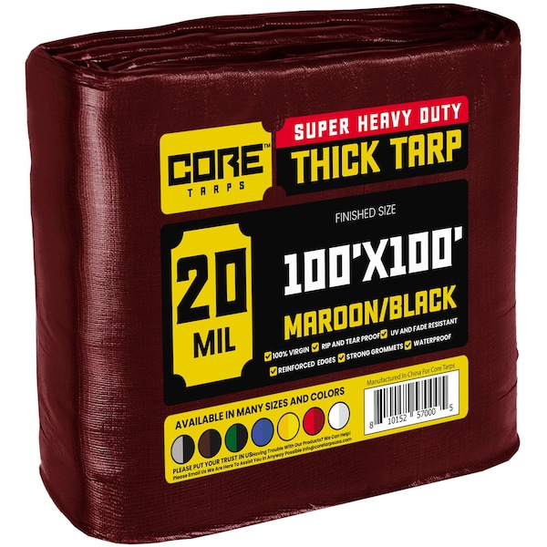 Core Tarps Heavy Duty Tarp, 100 ft x 100 ft, 20 Mil, Maroon, Polyethylene - CT-707-100X100