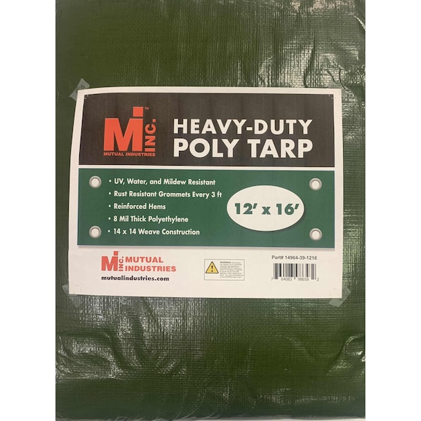 Mutual Industries Heavy Duty Tarp, 12 ft x 16 ft, 8 Mil, Green, Polyethylene, UV Resistant, Mildew Resistant - 14964-39-1216