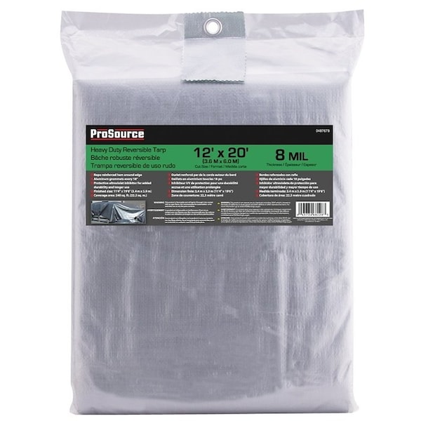 Prosource Heavy-Duty Tarp, 20 ft L, 12 ft W, 8 mil Thick, Polyethylene, Green/Silver - T1220GS140