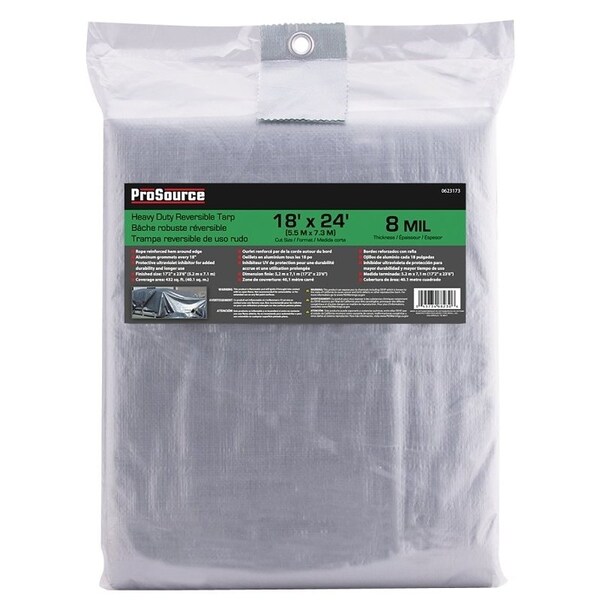 Prosource Heavy-Duty Tarp, 24 ft L, 18 ft W, 8 mil Thick, Polyethylene, Green/Silver - T1824GS140