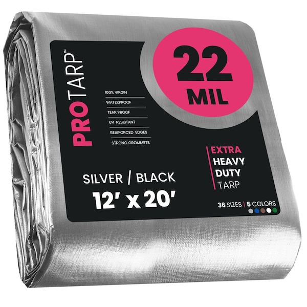 Protarp Heavy Duty Tarp, 12 ft x 20 ft, 22 Mil, Silver/Black, Polyethylene, Waterproof, Rip and Tear Proof - PT-201-12X20
