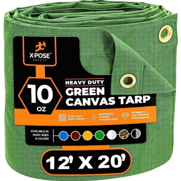 Xpose Safety Tarp, 12 ft x 20 ft, 10 oz, Green, Canvas - CTG10-1220-X
