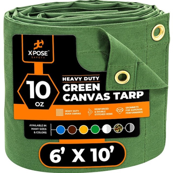 Xpose Safety Tarp, 6 ft x 10 ft, 10 oz, Green, Canvas - CTG10-610-X