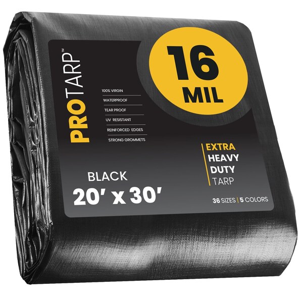 Protarp Heavy Duty Tarp, 20 ft x 30 ft, 16 Mil, Black, Polyethylene - PT-106-20X30