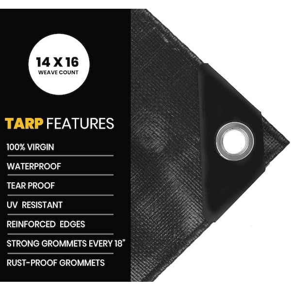 Protarp Heavy Duty Tarp, 20 ft x 30 ft, 16 Mil, Black, Polyethylene - PT-106-20X30