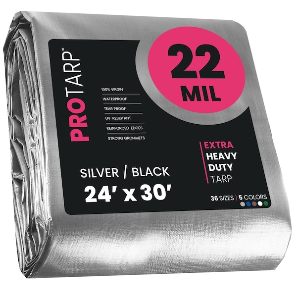 Protarp Heavy Duty Tarp, 24 ft x 30 ft, 22 Mil, Silver/Black, Polyethylene, Waterproof, Rip and Tear Proof - PT-201-24X30