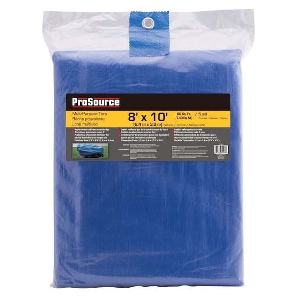 Prosource Tarpaulin, 10 ft L, 8 ft W, 5 mil Thick, Polyethylene, Blue - T0810BB90