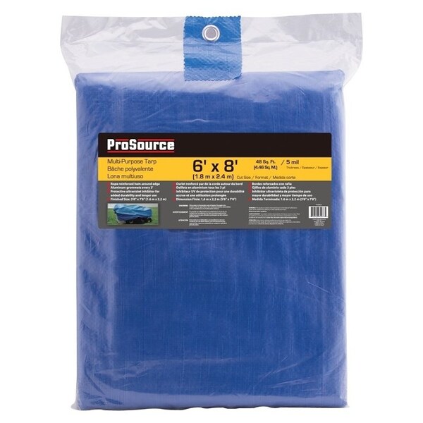 Prosource Tarpaulin, 8 ft L, 6 ft W, 5 mil Thick, Polyethylene, Blue - T0608BB90