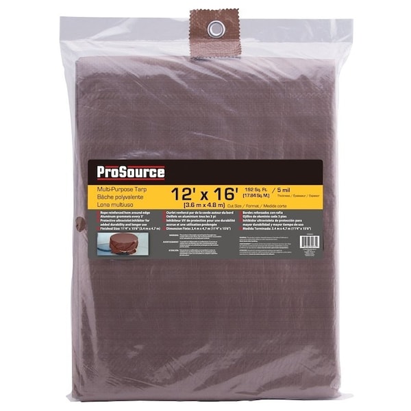 Prosource Tarpaulin, 16 ft L, 12 ft W, 5 mil Thick, Polyethylene, Brown - T1216BB90