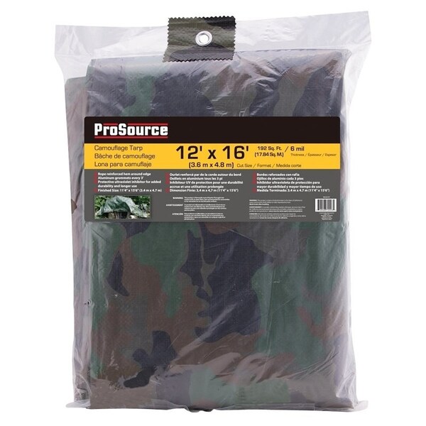 Prosource Tarpaulin, 16 ft L, 12 ft W, 6 mil Thick, Polyethylene, Camouflage - C1212110