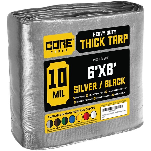 Core Tarps Heavy Duty Tarp, 8 ft L x 0.5 mm H x 6 ft W, 10 Mil, Silver/Black, Polyethylene - CT-601-6X8