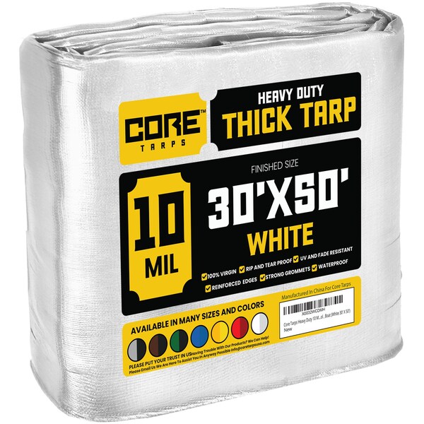 Core Tarps Heavy Duty Tarp, 50 ft L x 0.5 mm H x 30 ft W, 10 Mil, White, Polyethylene - CT-604-30X50