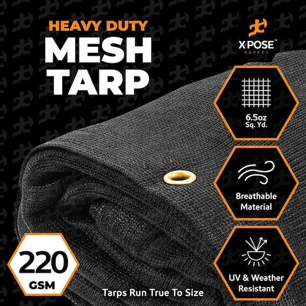 Xpose Safety Heavy Duty Mesh Tarp, 30 ft x 30 ft, 220 GSM, Black, Mesh - BMT-3030-X