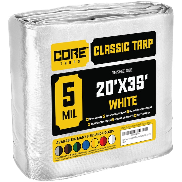 Core Tarps Heavy Duty Tarp, 35 ft L x 0.5 mm H x 20 ft W, 5 Mil, White, Polyethylene - CT-504-20X35