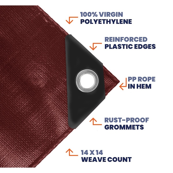 Tarpco Safety Heavy Duty Tarp, 10 ft x 12 ft, 14 Mil, Maroon, Polyethylene, Waterproof, Rip and Tear Proof - TS-107-10X12
