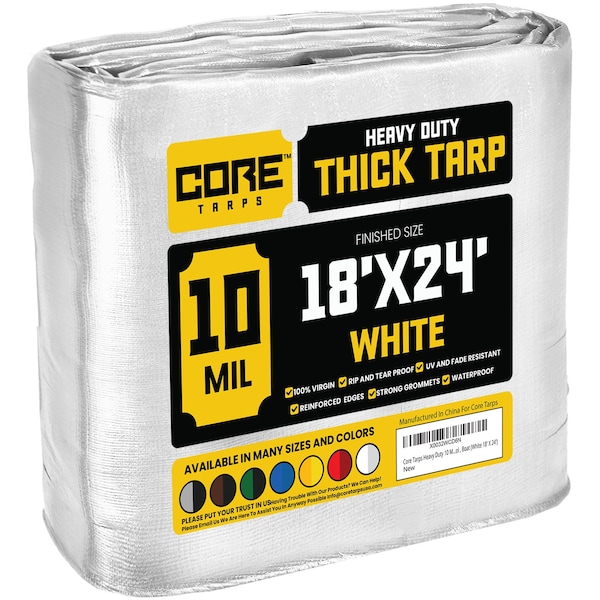 Core Tarps Heavy Duty Tarp, 24 ft L x 0.5 mm H x 18 ft W, 10 Mil, White, Polyethylene - CT-604-18X24