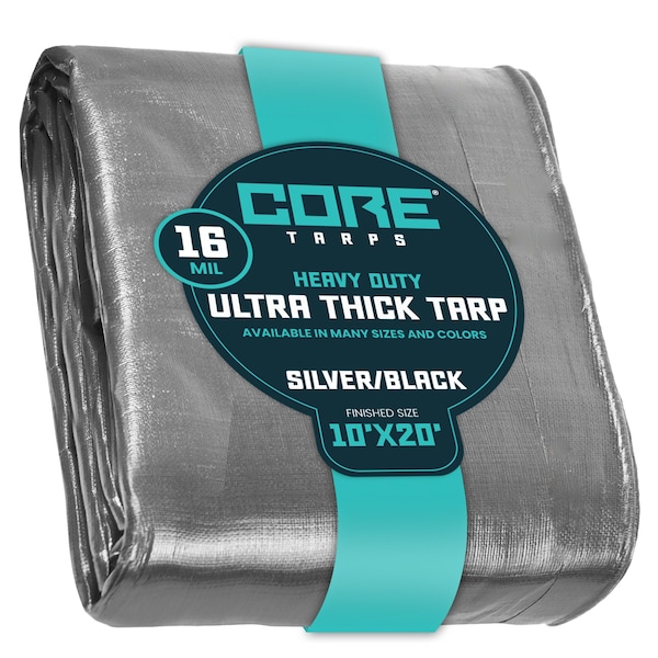 Core Tarps Heavy Duty Tarp, 20 ft L x 0.5 mm H x 10 ft W, 16 Mil, Silver/Black, Polyethylene - CT-301-10X20