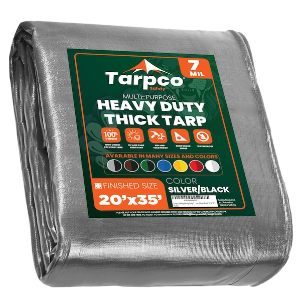 Tarpco Safety Heavy Duty Tarp, 35 ft L x 0.5 mm H x 20 ft W, 7 Mil, Silver/Black, Polyethylene - TS-201-20X35