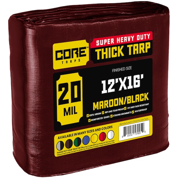 Core Tarps Heavy Duty Tarp, 12 ft x 16 ft, 20 Mil, Maroon, Polyethylene - CT-707-12X16