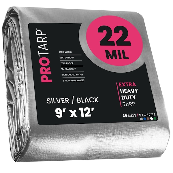 Protarp Heavy Duty Tarp, 9 ft x 12 ft, 22 Mil, Silver/Black, Polyethylene, Waterproof, Rip and Tear Proof - PT-201-9X12
