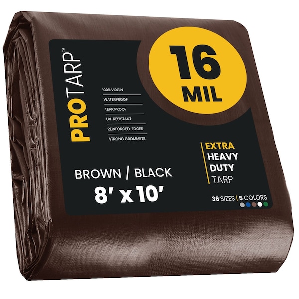 Protarp Heavy Duty Tarp, 8 ft x 10 ft, 16 Mil, Brown/Black, Polyethylene, Waterproof, Rip and Tear Proof - PT-102-8X10