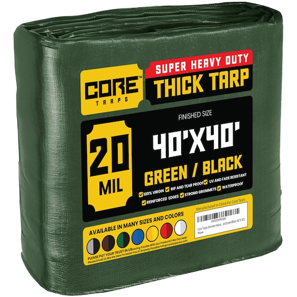 Core Tarps Heavy Duty Tarp, 40 ft L x 0.5 mm H x 40 ft W, 20 Mil, Green/Black, Polyethylene - CT-703-40X40