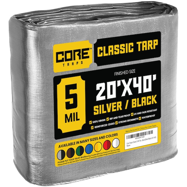 Core Tarps Heavy Duty Tarp, 40 ft L x 0.5 mm H x 20 ft W, 5 Mil, Silver/Black, Polyethylene - CT-501-20X40