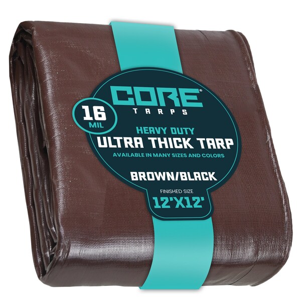 Core Tarps Heavy Duty Tarp, 12 ft L x 0.5 mm H x 12 ft W, 16 Mil, Brown/Black, Polyethylene - CT-302-12X12