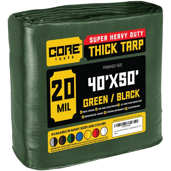 Core Tarps Heavy Duty Tarp, 50 ft L x 0.5 mm H x 40 ft W, 20 Mil, Green/Black, Polyethylene - CT-703-40X50