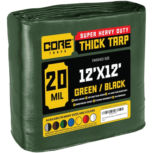 Core Tarps Heavy Duty Tarp, 12 ft L x 0.5 mm H x 12 ft W, 20 Mil, Green/Black, Polyethylene - CT-703-12X12