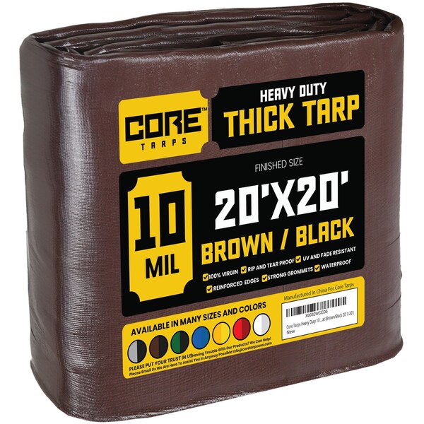Core Tarps Heavy Duty Tarp, 20 ft L x 0.5 mm H x 20 ft W, 10 Mil, Brown/Black, Polyethylene - CT-602-20X20
