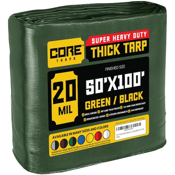 Core Tarps Heavy Duty Tarp, 100 ft L x 0.5 mm H x 50 ft W, 20 Mil, Green/Black, Polyethylene - CT-703-50X100